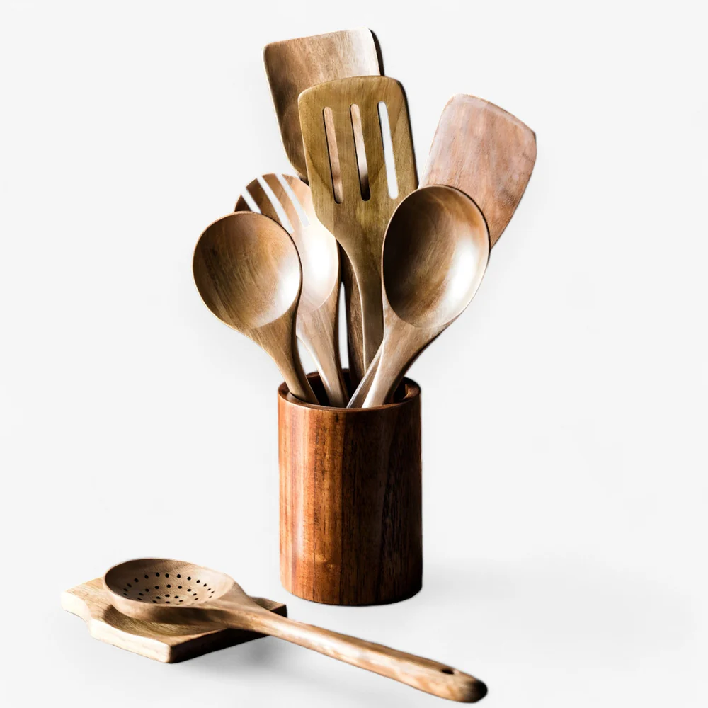 Kitchen Utensil Set Wood 5 Piece Spatula Spoon Ladle Natural Finish 8