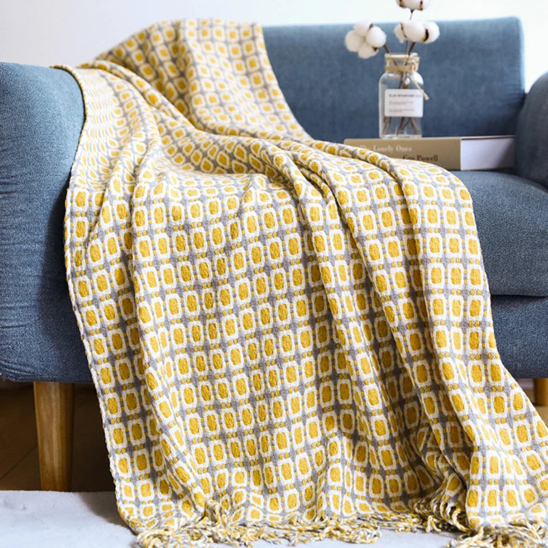 Knit Throw Blanket with Tassel Fringe – Lightweight Polyester Cotton Blanket with Geometric Pattern, 130×150 cm / 130×220 cm 11