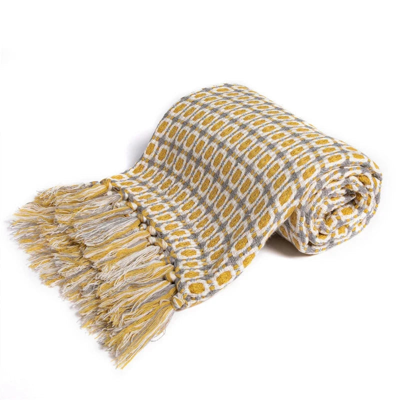 Knit Throw Blanket with Tassel Fringe – Lightweight Polyester Cotton Blanket with Geometric Pattern, 130×150 cm / 130×220 cm 4