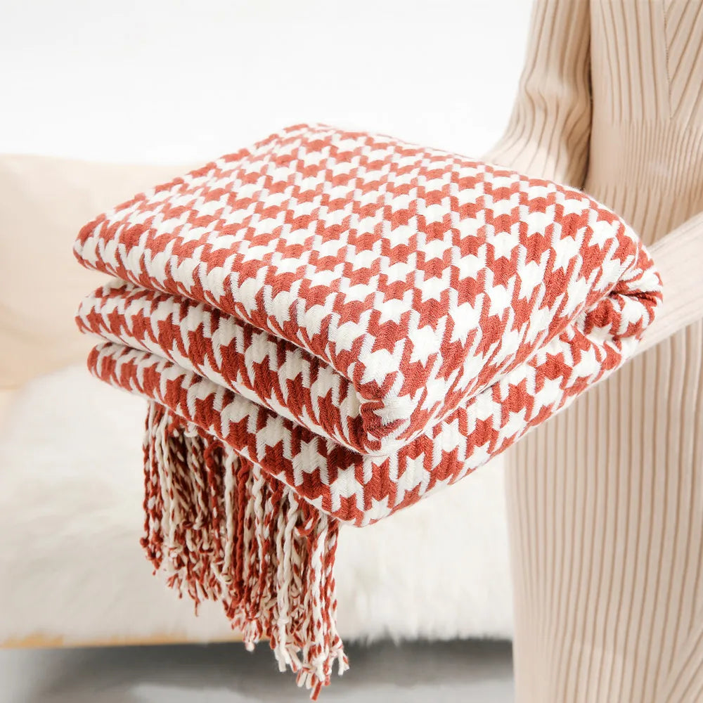 Knit Throw Blanket with Tassel Fringe – Lightweight Polyester Cotton Blanket with Geometric Pattern, 130×150 cm / 130×220 cm 8