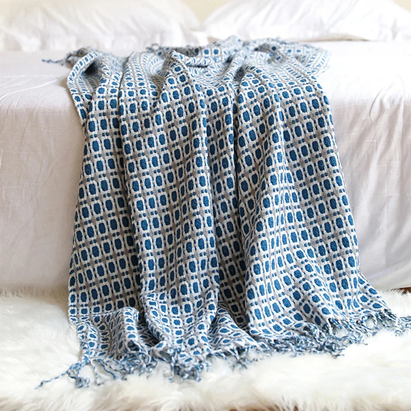 Knit Throw Blanket with Tassel Fringe – Lightweight Polyester Cotton Blanket with Geometric Pattern, 130×150 cm / 130×220 cm 9