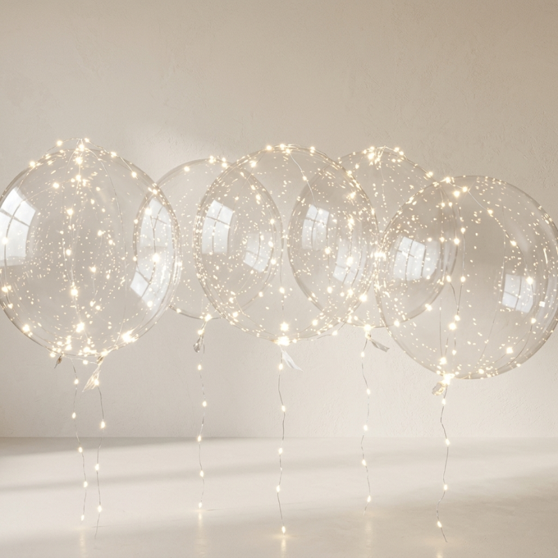 Clear balloons with string lights against a neutral background