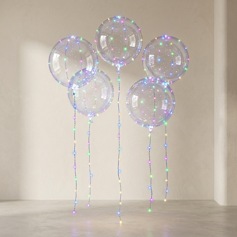 Clear balloons with colorful LED strings against a plain background