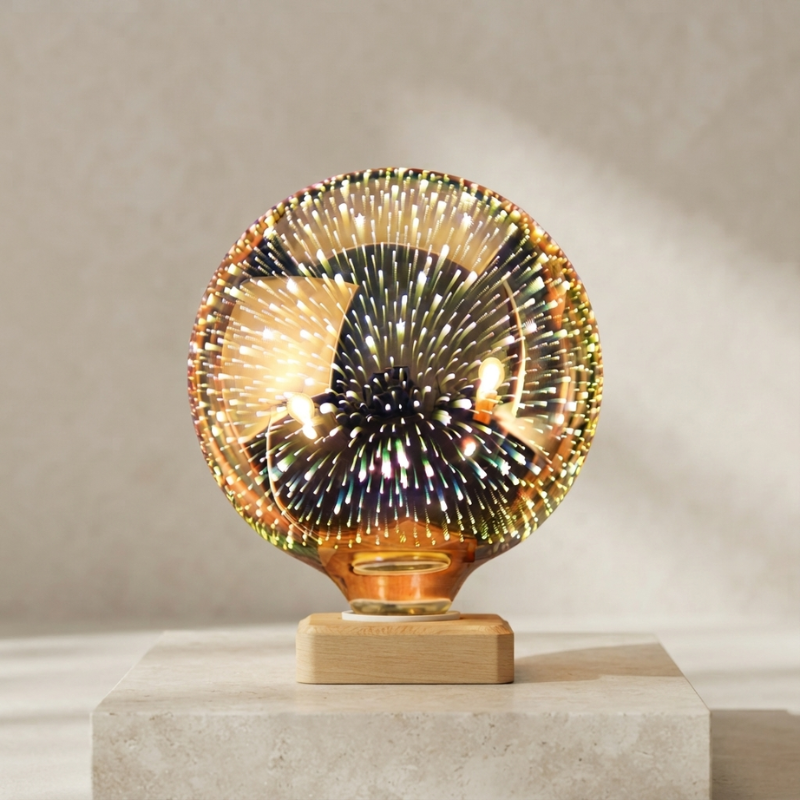 A decorative glass orb lamp with a gold-toned iridescent glass body and a small light wood base, shown lit on a stone pedestal against a softly lit neutral background.