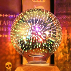 A glowing crystal ball lamp with multicolored light streaks inside, sitting on a wooden base against a warm, mystical background with books and occult-themed decor.
