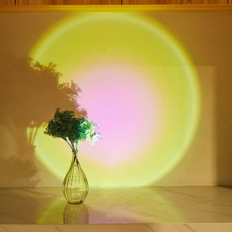 Vase with greenery on a reflective surface with colorful circular light projection
