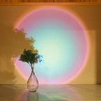 Vase with flowers on a reflective surface with colorful circular light projection