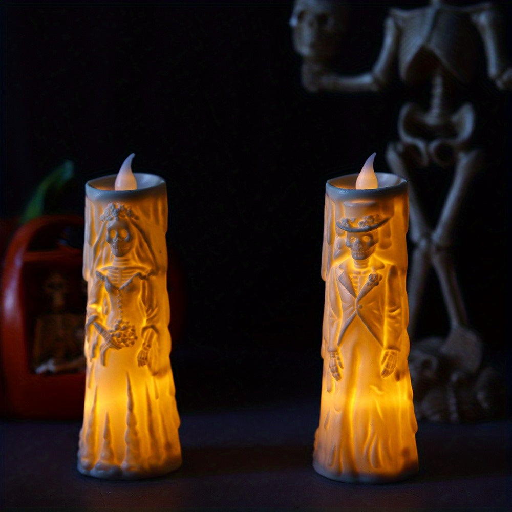 LED Candle Set Skull Bride and Groom Flameless White Light Halloween Wedding Decor