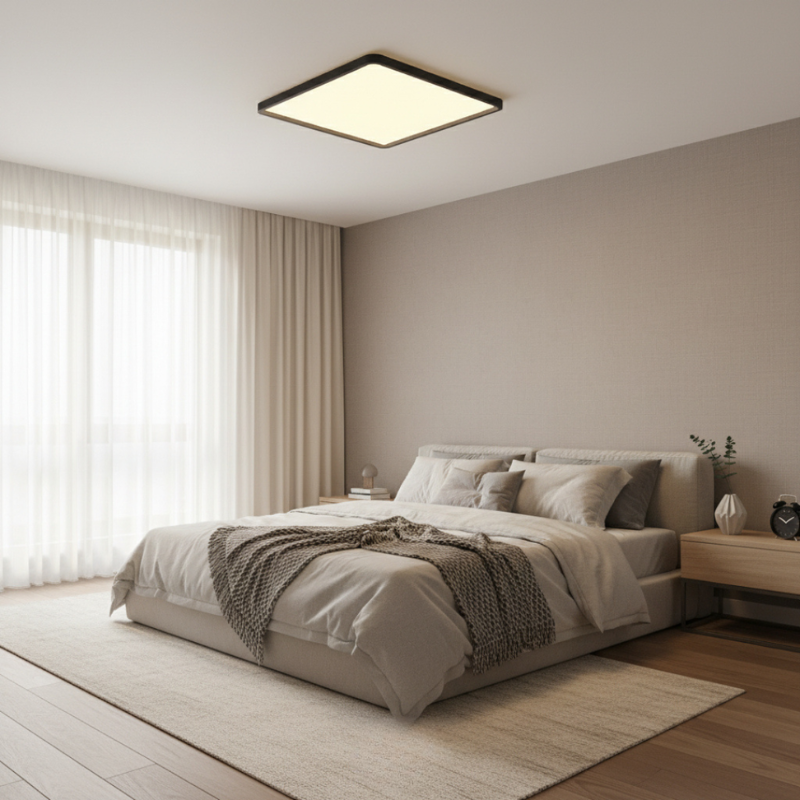 Modern bedroom with a ceiling light fixture, bed, and side tables.
