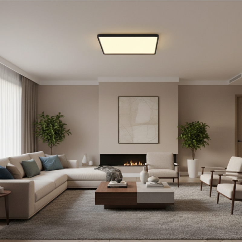 Modern living room with beige sectional sofa, coffee table, and fireplace.