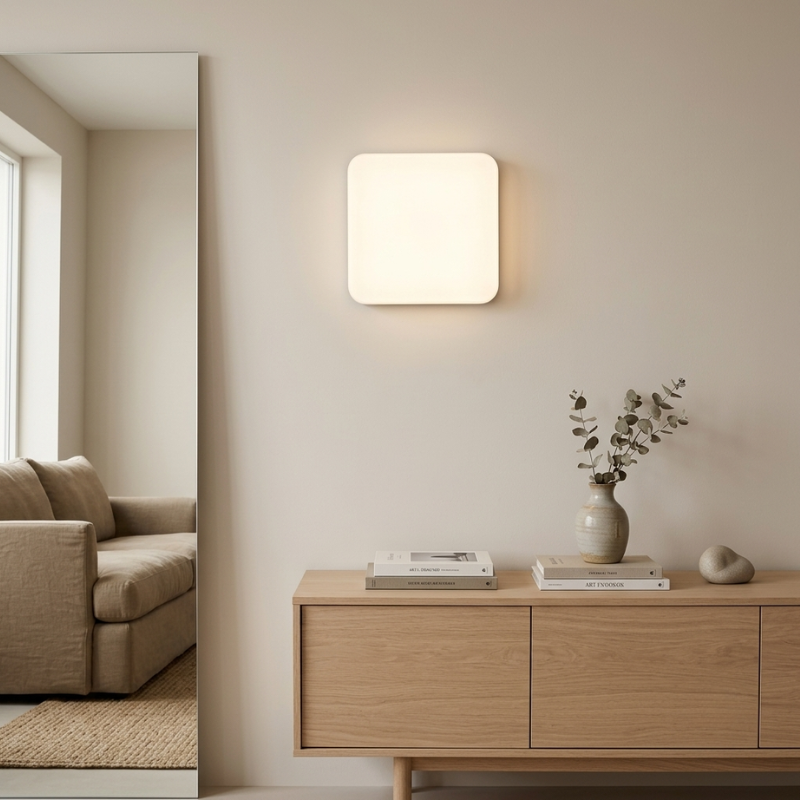 Modern living room with a square wall light, wooden cabinet, and beige sofa.