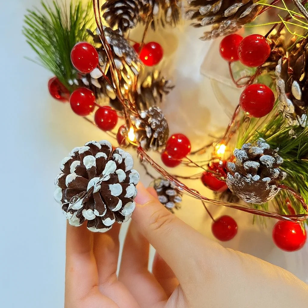 LED Christmas Bell & Pine Cone String Lights - Battery Operated Warm Glow 10