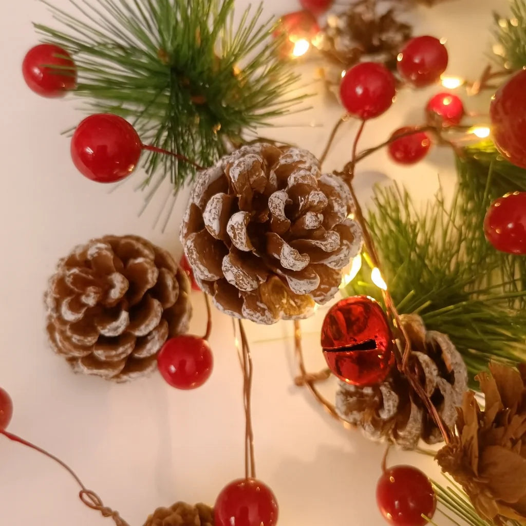 LED Christmas Bell & Pine Cone String Lights - Battery Operated Warm Glow 6