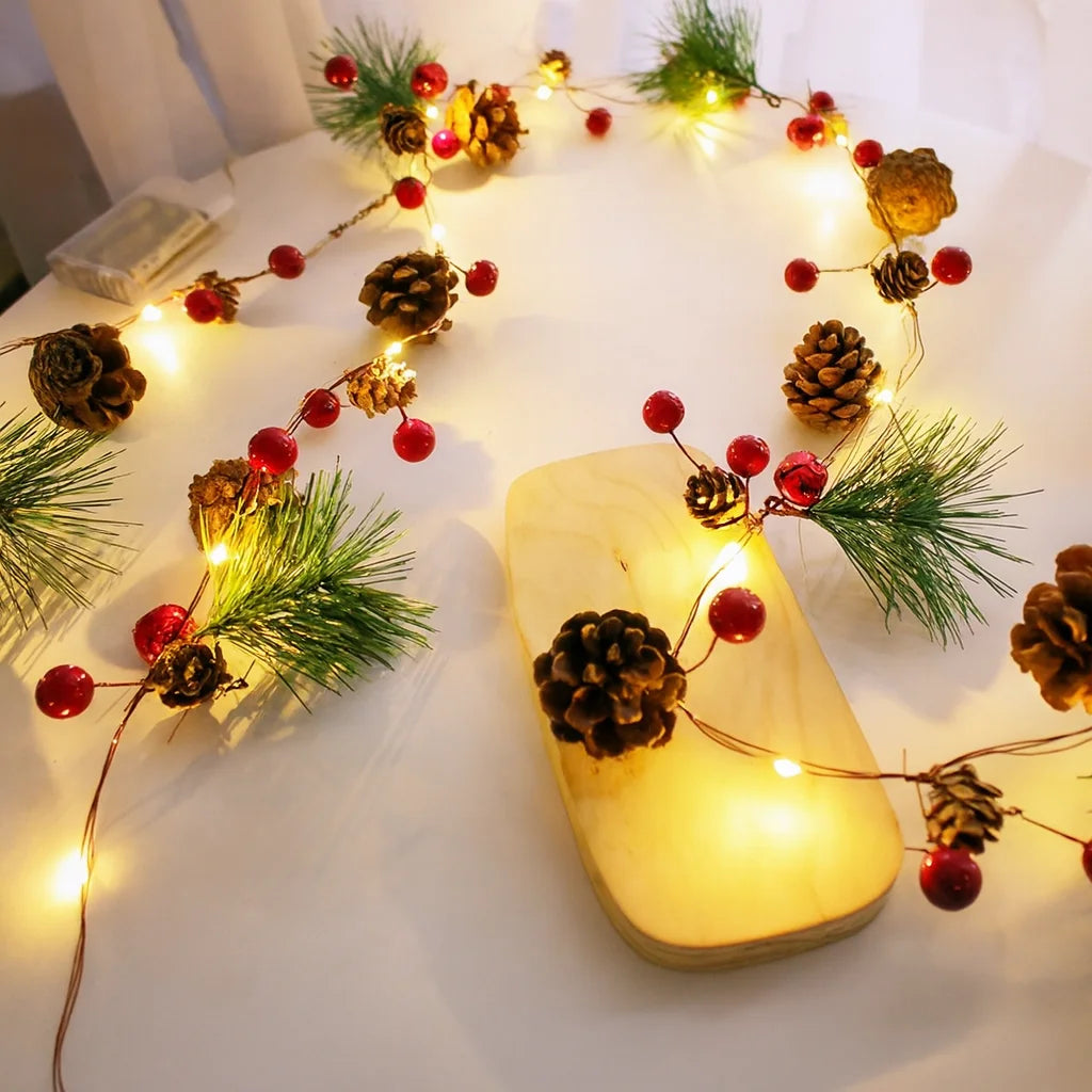 LED Christmas Bell & Pine Cone String Lights - Battery Operated Warm Glow 7
