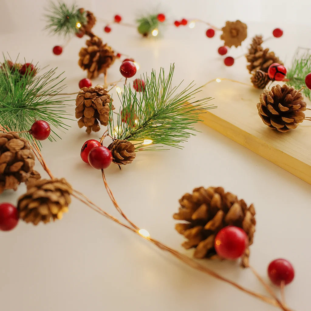 LED Christmas Bell & Pine Cone String Lights - Battery Operated Warm Glow 8
