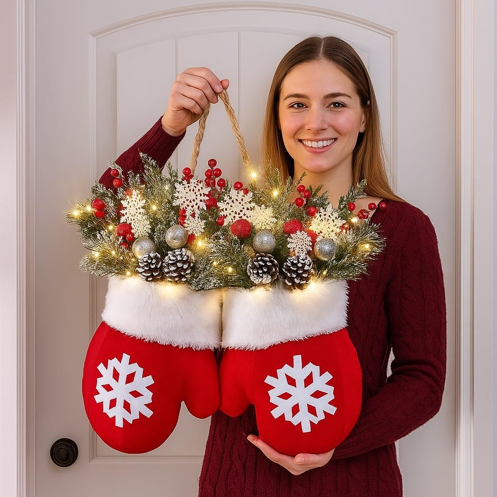 LED Christmas Wreath - Warm Glow with Mitten Design & Berries 1