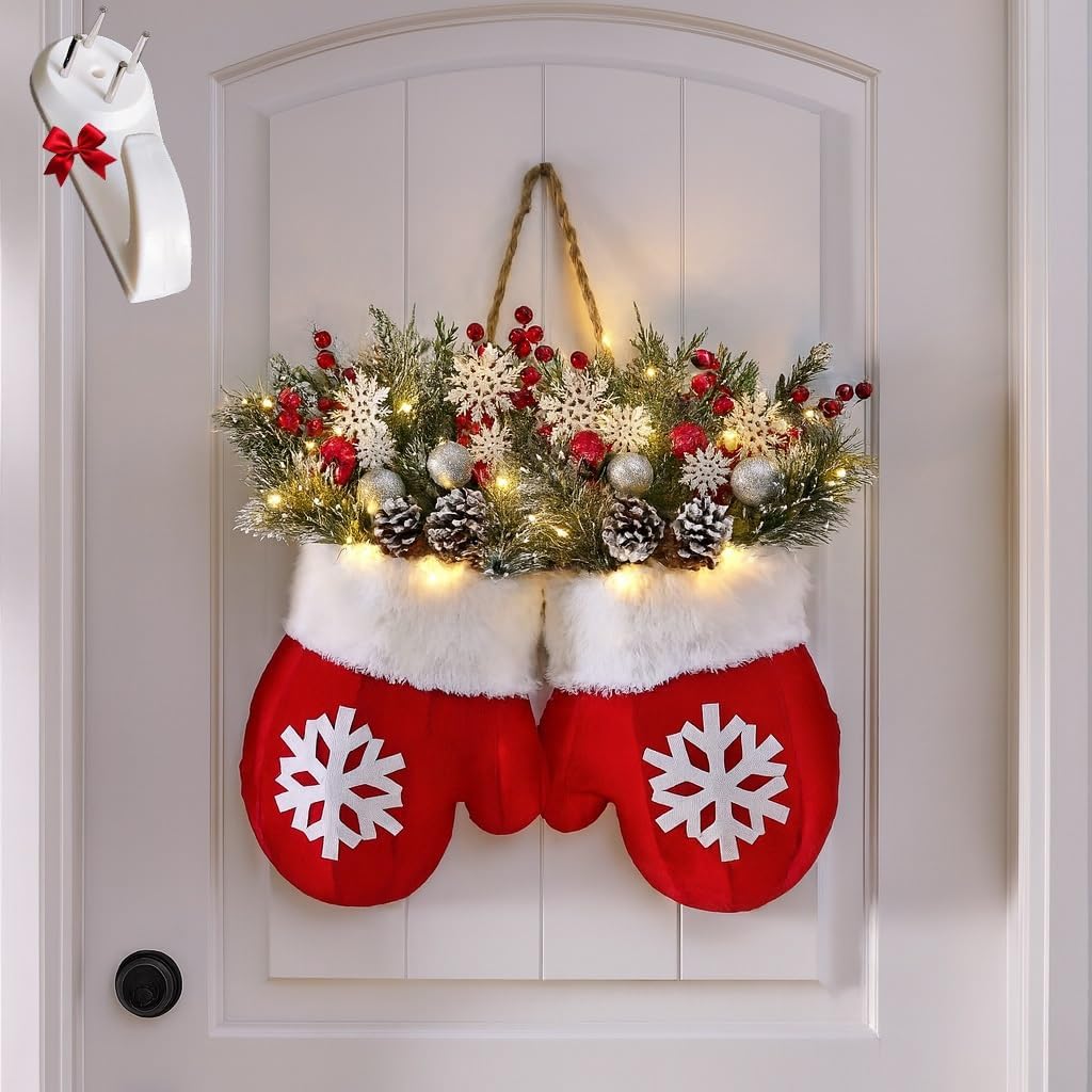 LED Christmas Wreath - Warm Glow with Mitten Design & Berries 6