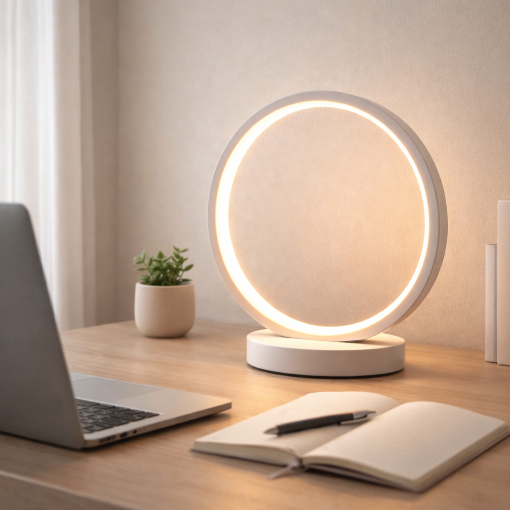 Modern desk setup with a lamp, laptop, notebook, and pen on a wooden surface.