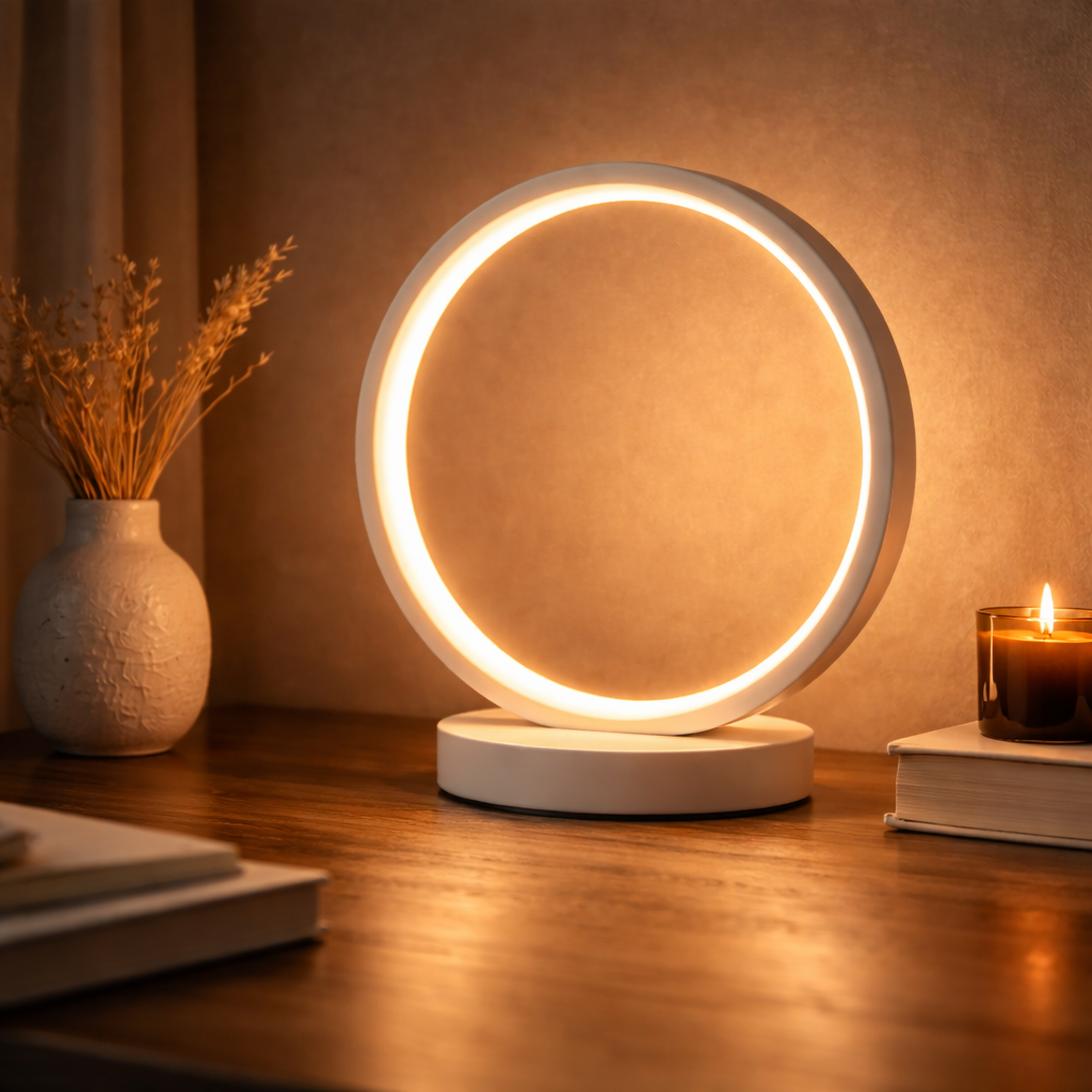 Round table lamp with a warm glow on a wooden surface, next to a vase and a candle.
