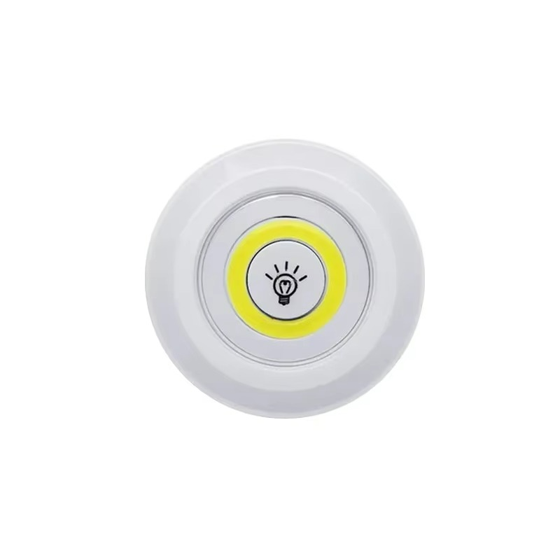 Round white light bulb sensor with yellow accent on a white background