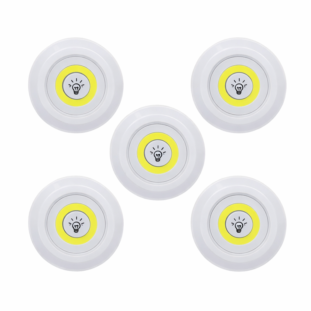Five white light bulb wall sockets with yellow circular labels on a white background