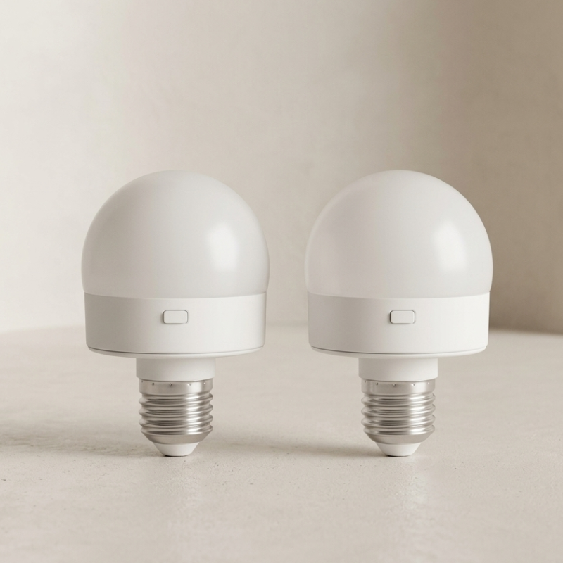 Two white LED light bulbs on a beige background