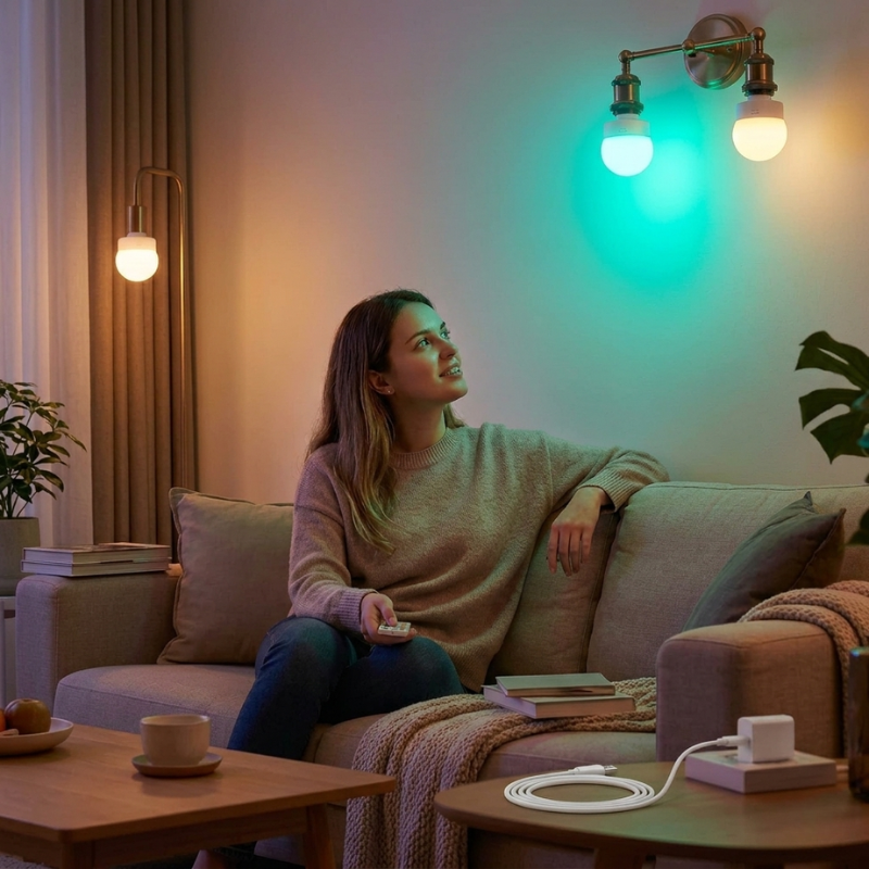 Woman sitting on a couch in a cozy living room with colorful wall lights.