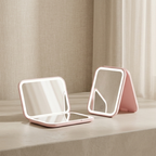 Two pink compact mirrors with reflective surfaces on a neutral background