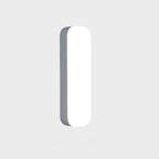 A modern, minimalist vertical rectangular wall light with rounded corners, featuring a glowing white front face and a dark gray side profile, set against a solid light gray background.