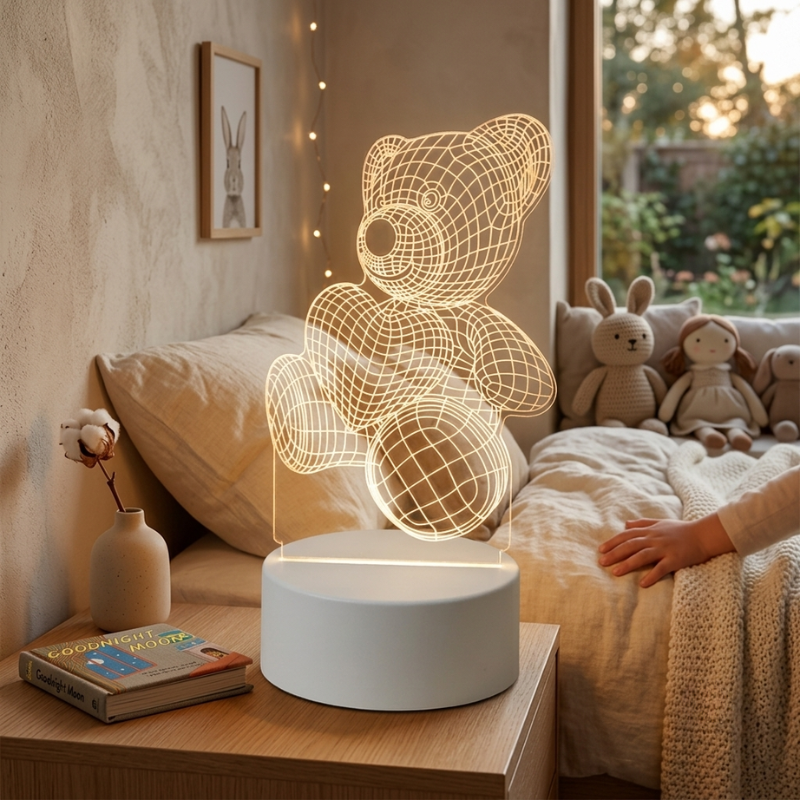 A glowing 3D LED night light shaped like a teddy bear sits on a wooden bedside table in a cozy bedroom. The light has a white cylindrical base and an illuminated wireframe bear design that glows with a warm golden light.