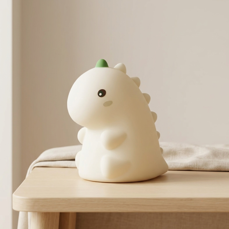 A cute, small dinosaur-shaped night light in a warm off-white color with a green spiky crest and black eyes, sitting on a light wood table next to a beige fabric.