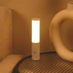 Portable light on a surface with a vase and chair in the background