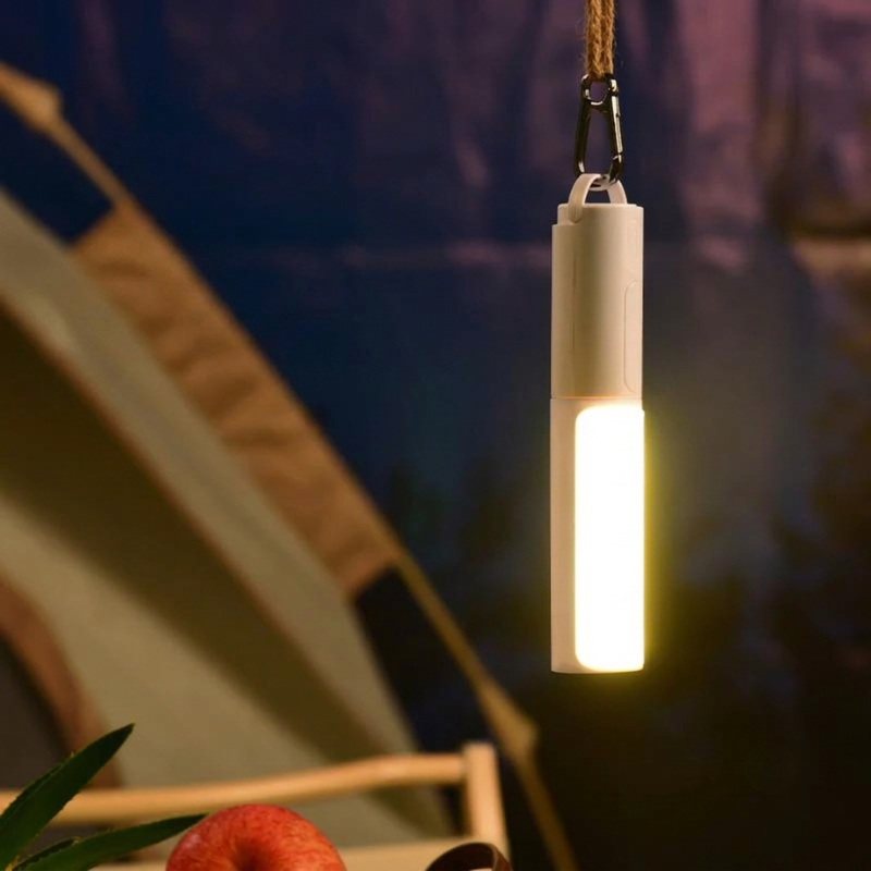 Portable light hanging near a tent with a scenic background