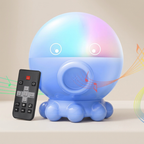A blue octopus-shaped children's toy speaker with a black remote control, shown on a light beige background with colorful light effects and sound wave graphics.