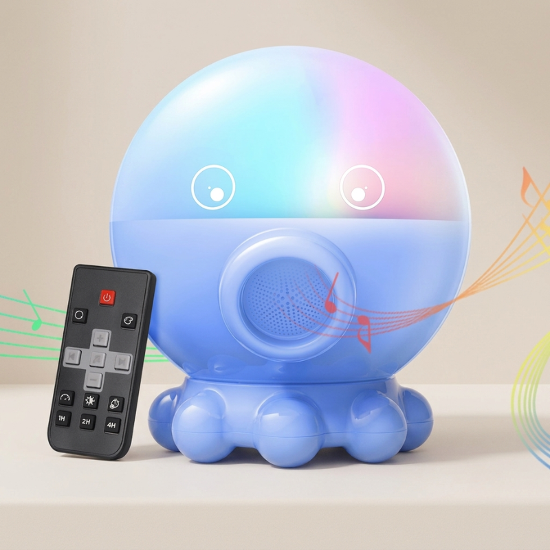 A blue octopus-shaped children's toy speaker with a black remote control, shown on a light beige background with colorful light effects and sound wave graphics.