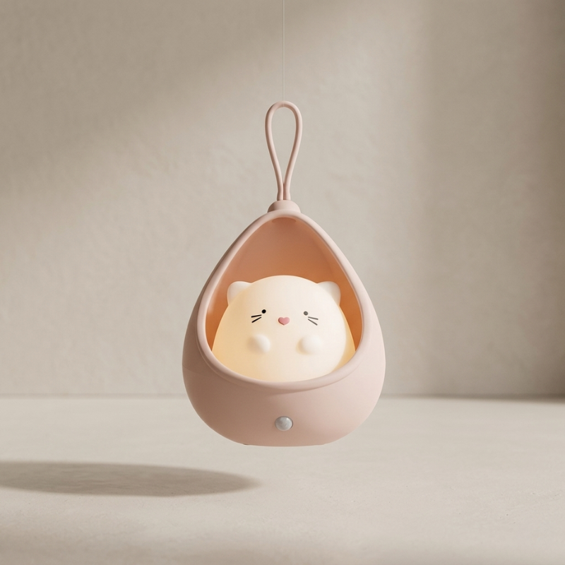 Cute animal-shaped night light in a pink holder on a neutral background