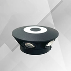 Black round light fixture with measurements on a gray background