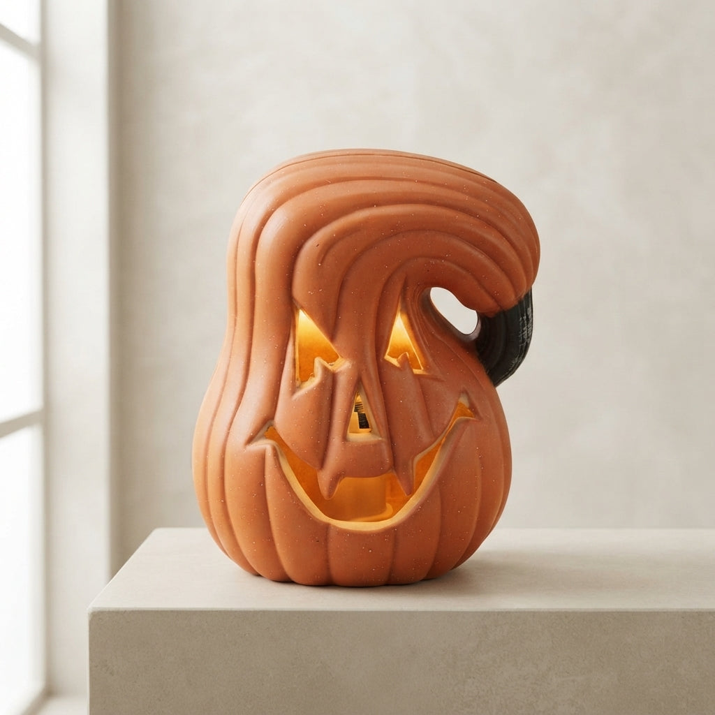 An orange jack-o'-lantern-shaped decorative lamp with carved facial features and a glowing warm light inside, displayed on a light stone pedestal against a soft beige wall.
