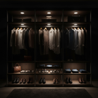 Dark closet with illuminated shelves displaying shirts, shoes, and bags.