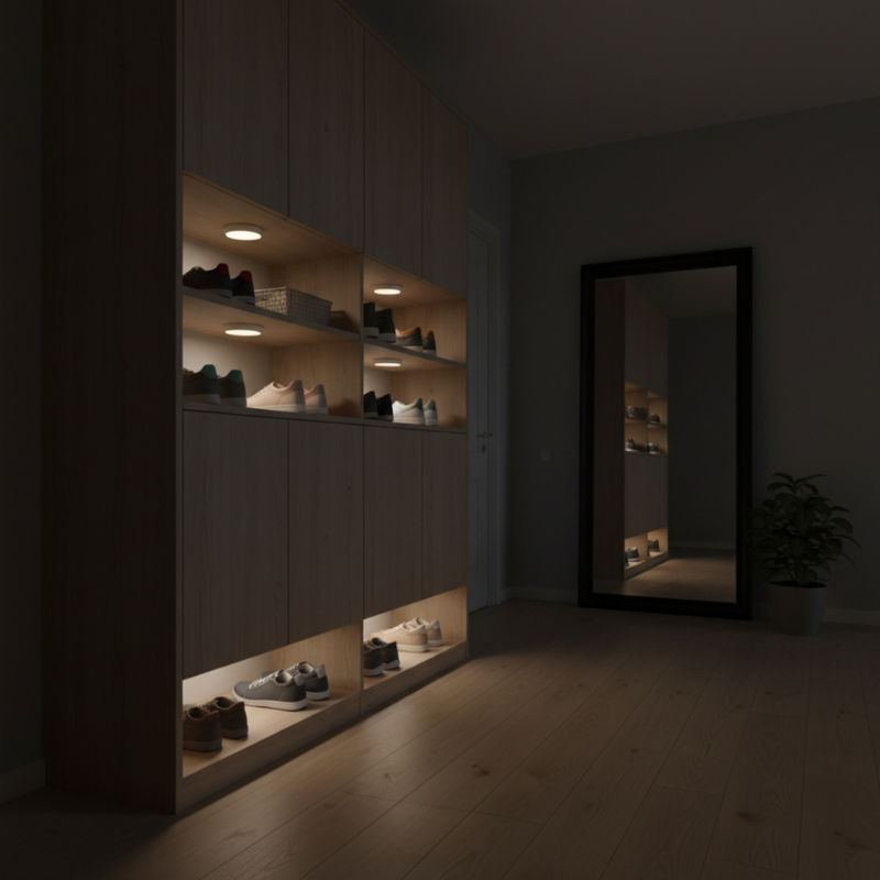 Dark room with a shoe rack illuminated by recessed lights