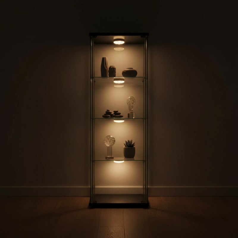 Glass display cabinet with illuminated shelves against a dark wall