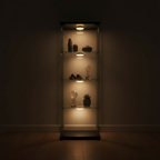 Glass display cabinet with illuminated shelves against a dark wall