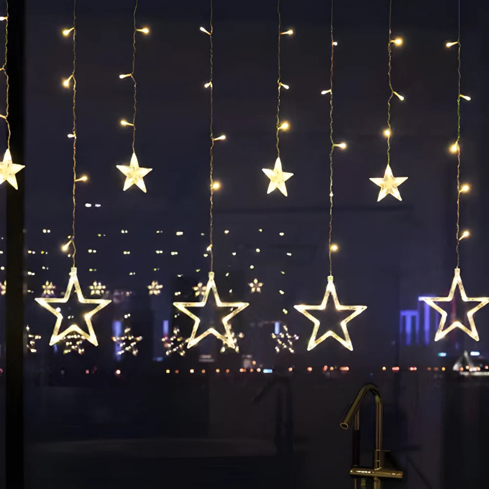 LED Star Curtain Light with 5 Warm White Stars and Timer Function for Indoor and Outdoor Use 0