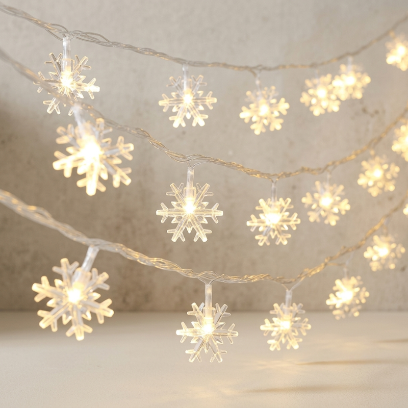 Warm white LED snowflake string lights draped across a neutral beige background.