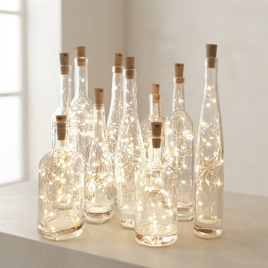 A set of clear glass bottle vases with cork stoppers, filled with warm white fairy string lights, arranged on a light tabletop in a bright indoor setting.