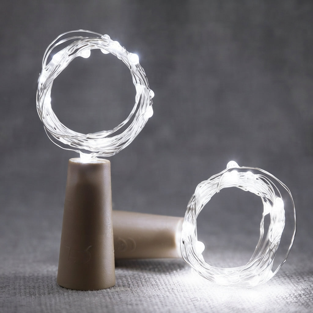 Twisted light string fairy lights glowing on a neutral gray textured background, with one light mounted on a beige cone stand and another lying on its side.