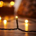 A close-up of a string of warm white LED fairy lights on a dark twisted wire, with one bulb in sharp focus and several blurred lights in the background.