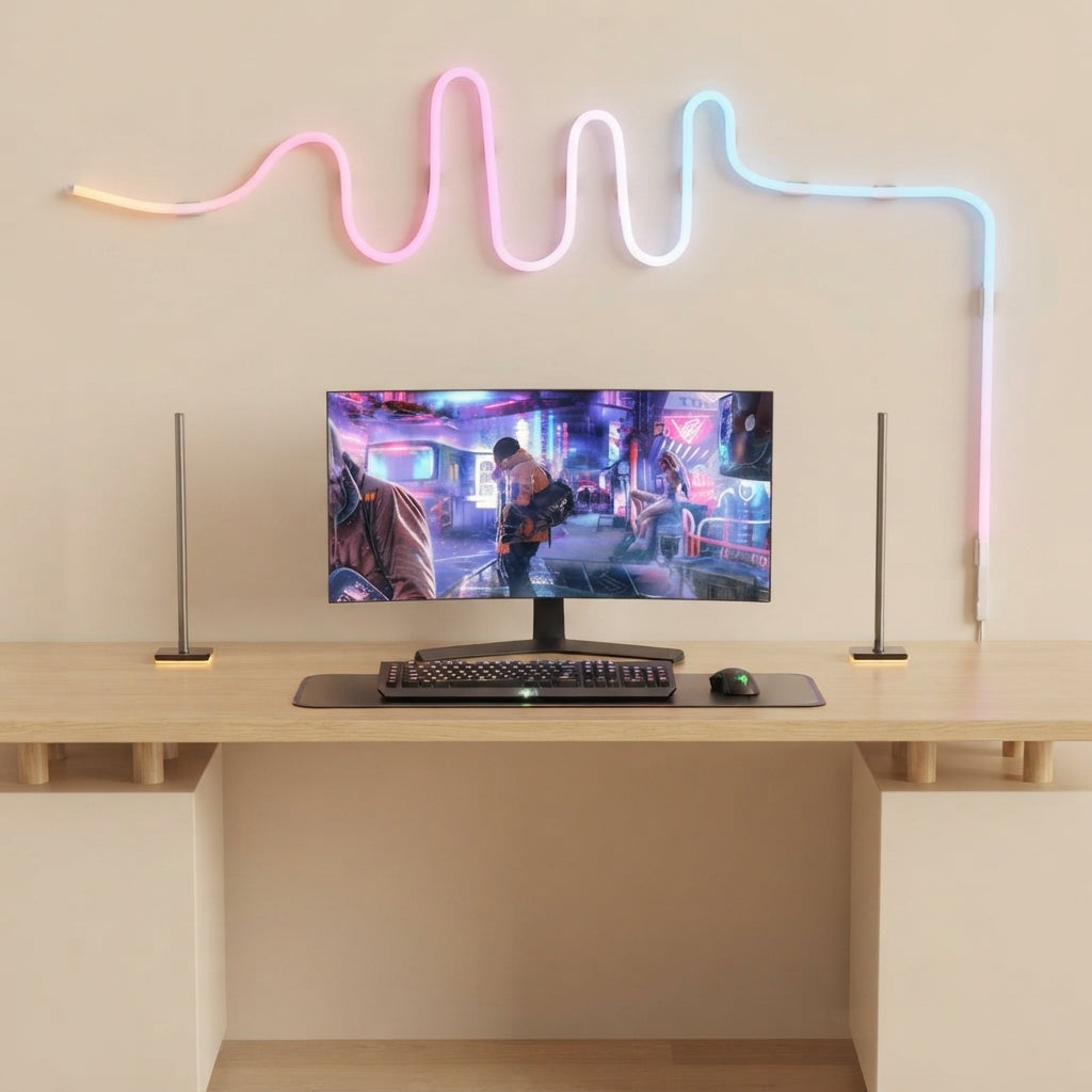 A modern desk setup featuring a curved monitor displaying a neon-lit city scene, flanked by two slim vertical speakers, with a keyboard and mouse on a desk below. Above the desk, a wavy neon light sign glows in pink, blue, and white against a beige wall.