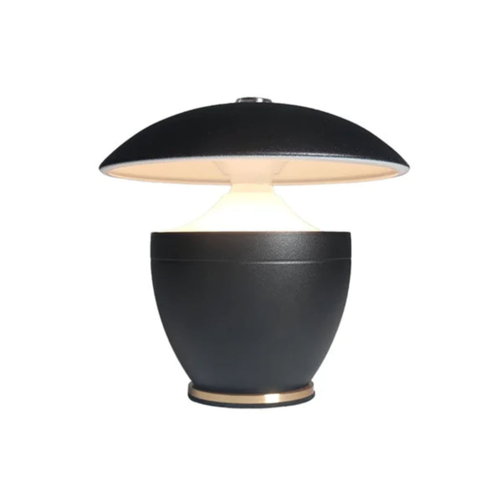 Black table lamp with a round base and flat top on a white background