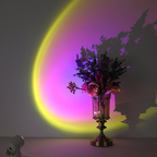 Decorative vase with flowers against a colorful, gradient wall